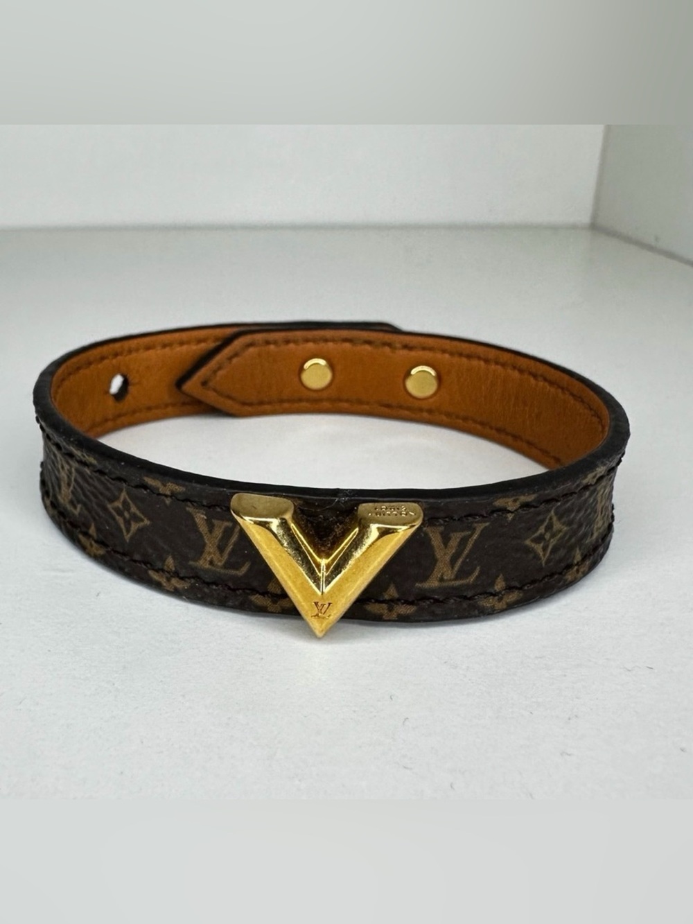 Louis Vuitton Brown Monogram V Leather Bracelet with Gold Hardware
